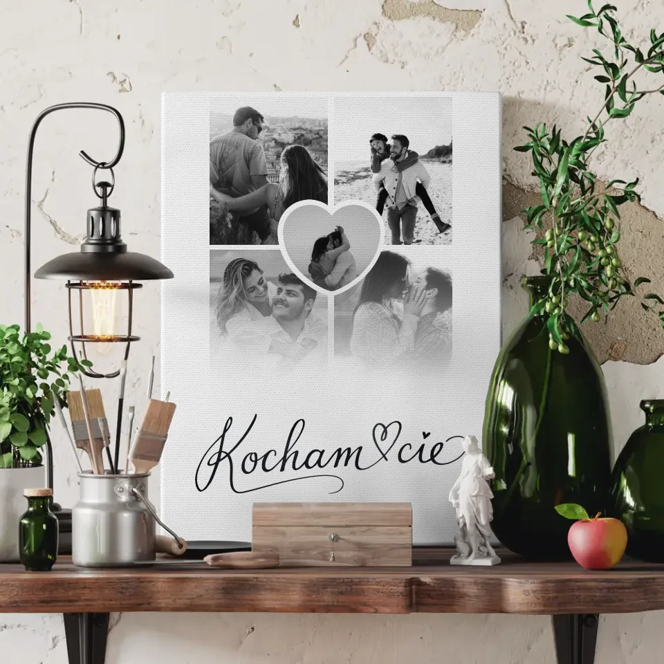 Personalisierte Leinwand Paare Fotocollage 5 Fotos Kocham Cie mit Namen 3