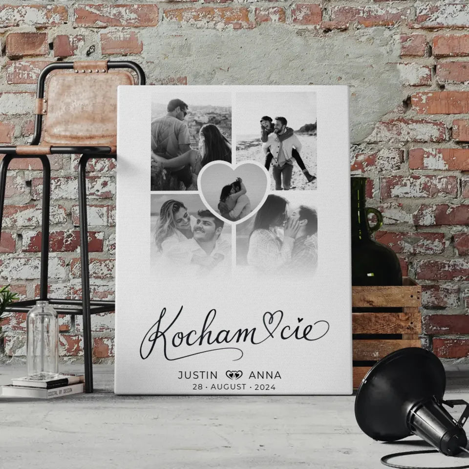 Personalisierte Leinwand Paare Fotocollage 5 Fotos Kocham Cie mit Namen 4