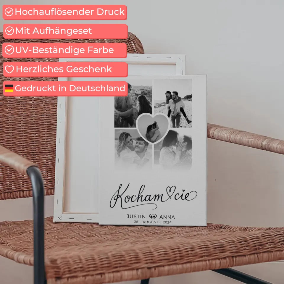 Personalisierte Leinwand Paare Fotocollage 5 Fotos Kocham Cie mit Namen 5