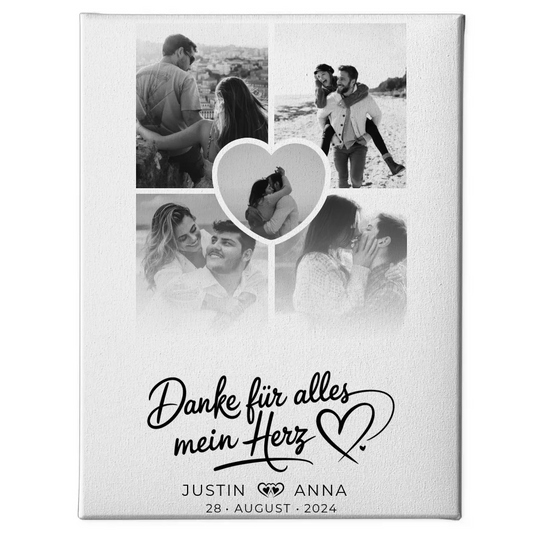 Personalisierte Leinwand für Paare Fotocollage 5 Fotos Danke Für Alles Mein Herz 1