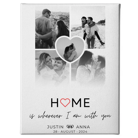 Personalisierte Leinwand Paare Fotocollage 5 Fotos Home Is Wherever I Am With You mit Namen und Datum 1