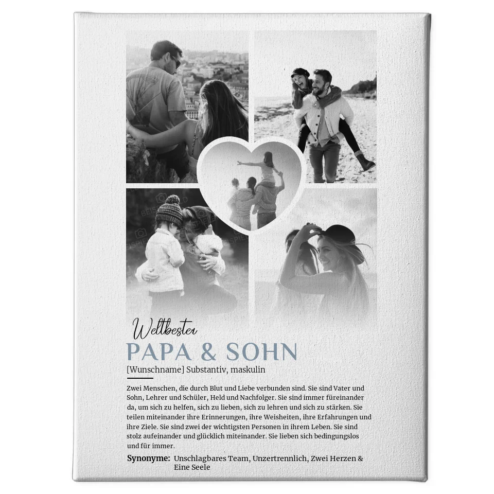 Personalisierte Leinwand Definition Papa & Sohn 5 Fotos Schwarz Weiß mit Name 1
