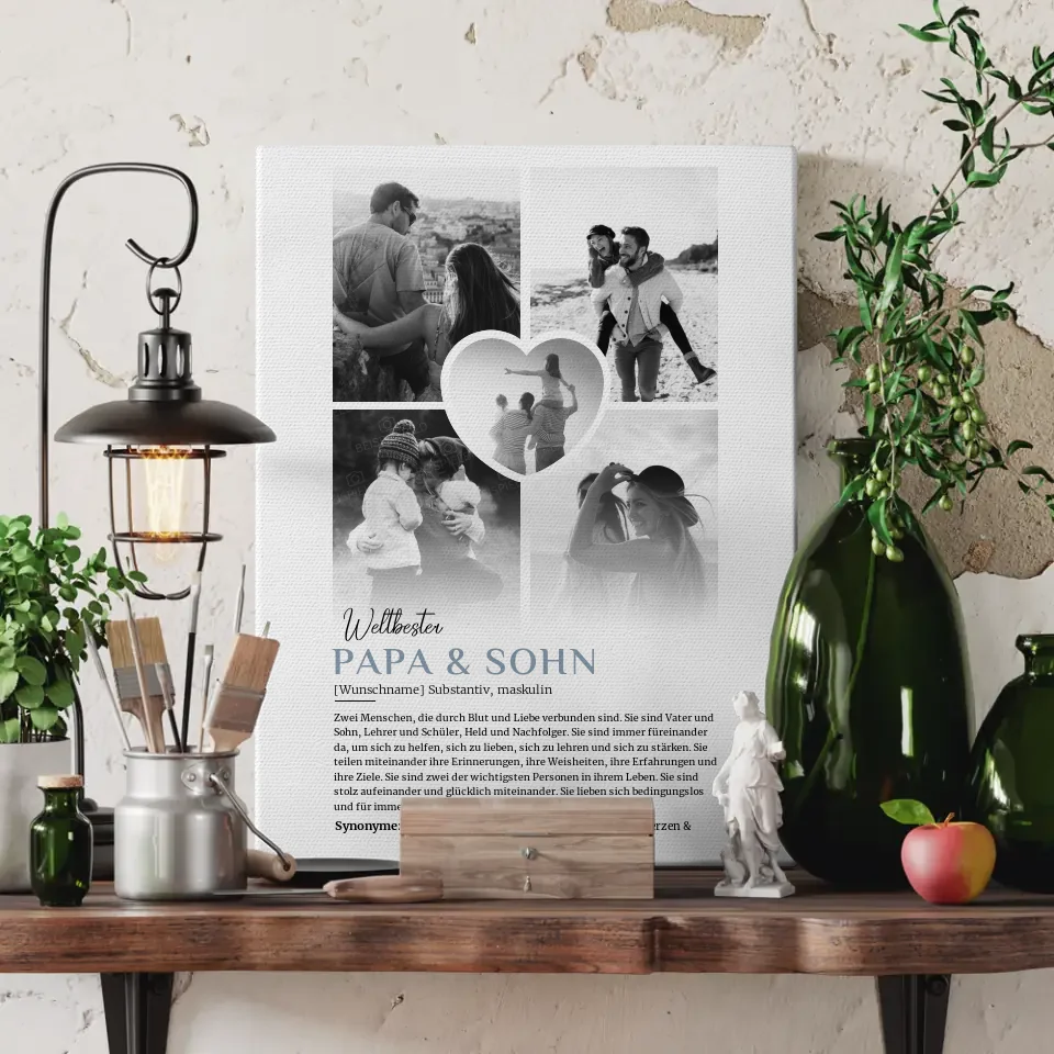 Personalisierte Leinwand Definition Papa & Sohn 5 Fotos Schwarz Weiß mit Name 3