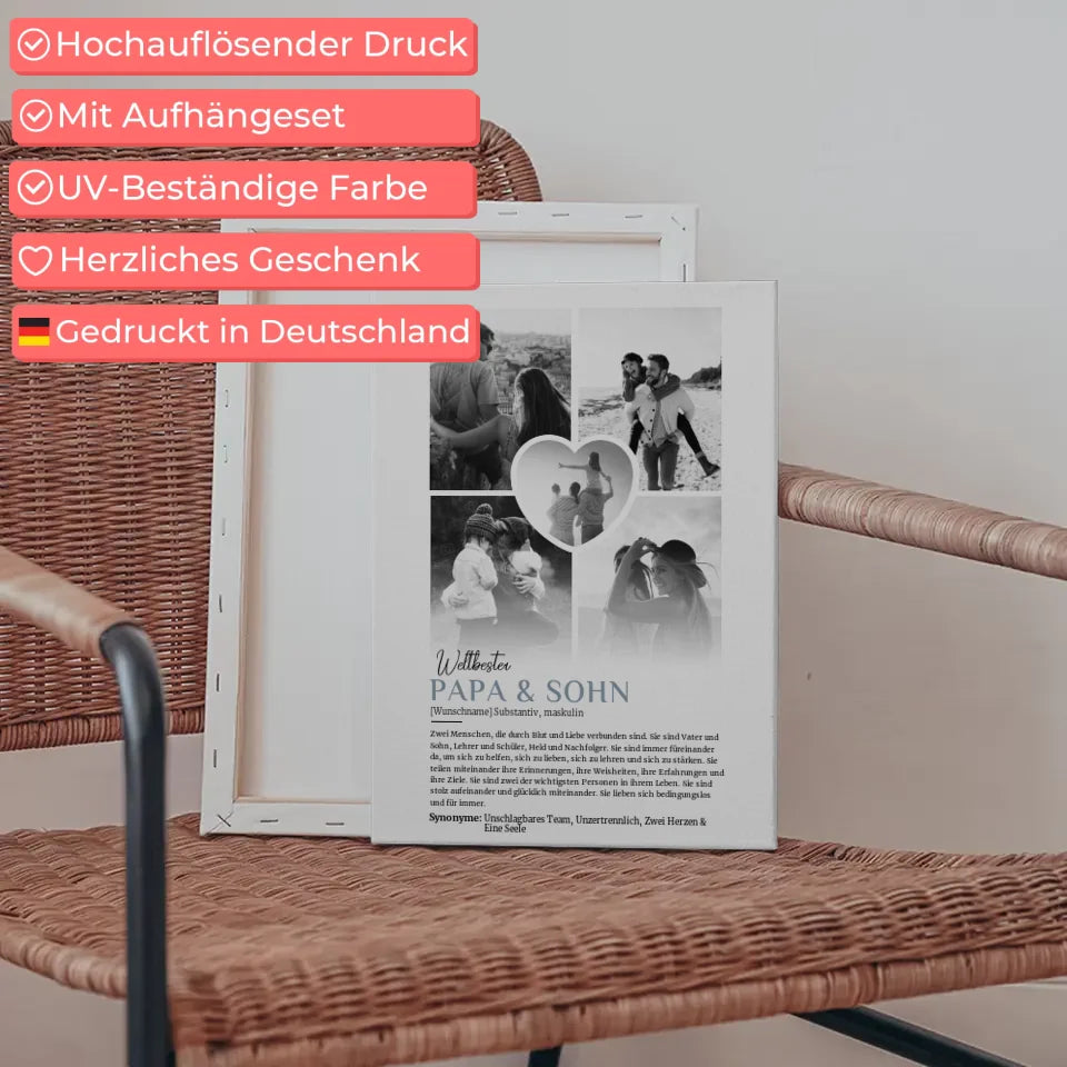 Personalisierte Leinwand Definition Papa & Sohn 5 Fotos Schwarz Weiß mit Name 5