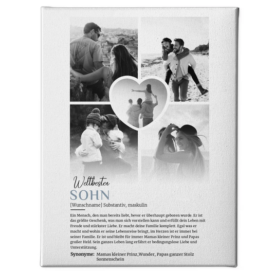 Personalisierte Leinwand Definition Sohn 5 Fotos Schwarz Weiß mit Name 1