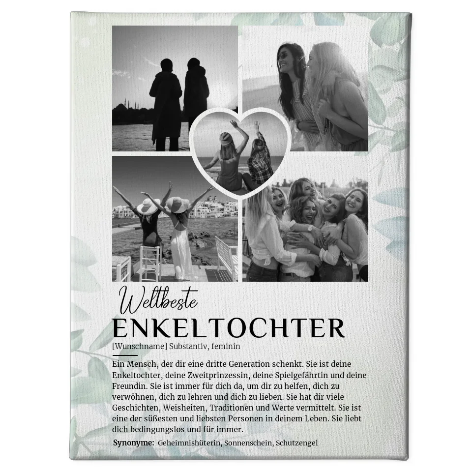 Personalisierte Leinwand Definition Enkeltochter 5 Fotos Schwarz Weiß Eukalyptus Stil 1