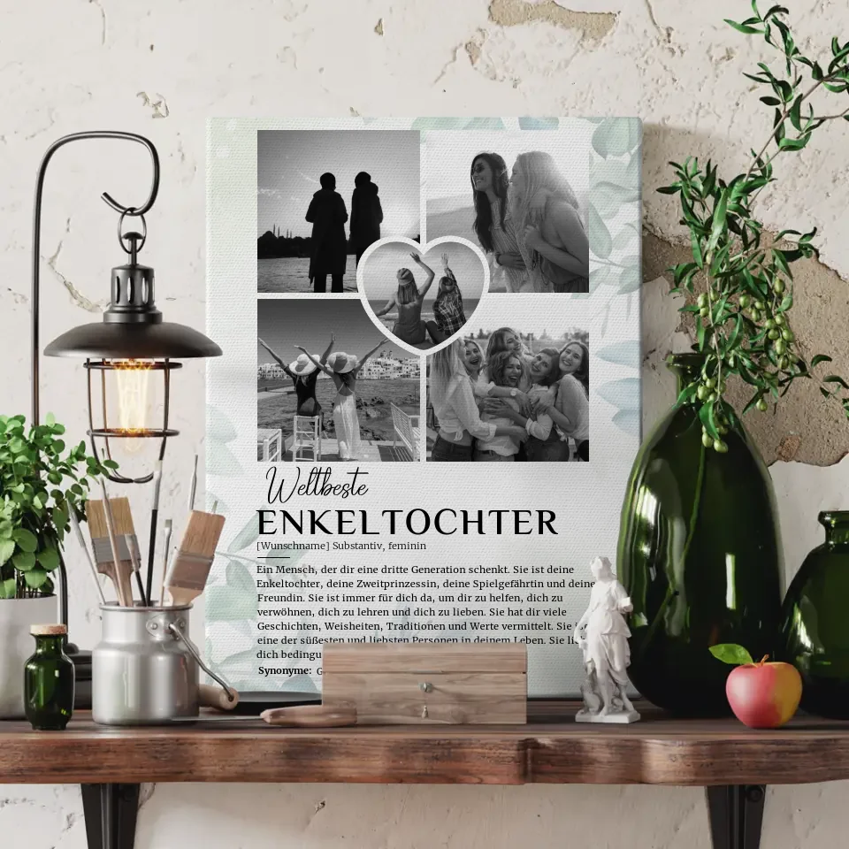 Personalisierte Leinwand Definition Enkeltochter 5 Fotos Schwarz Weiß Eukalyptus Stil 3