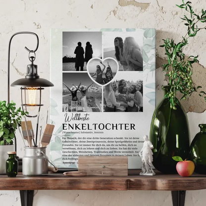 Personalisierte Leinwand Definition Enkeltochter 5 Fotos Schwarz Weiß Eukalyptus Stil 3