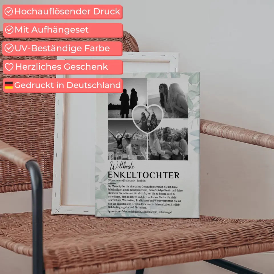 Personalisierte Leinwand Definition Enkeltochter 5 Fotos Schwarz Weiß Eukalyptus Stil 5