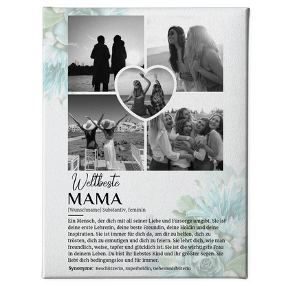 Personalisierte Leinwand Definition Mama 5 Fotos Schwarz Weiß Floral Blau