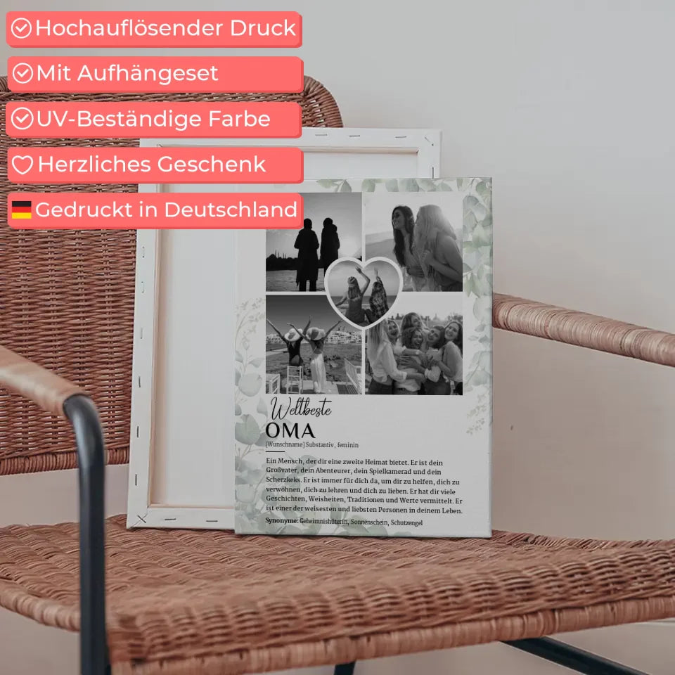 Personalisiertes Leinwandbild Oma Definition 5 Fotos Schwarz Weiß mit Name Eukalyptus