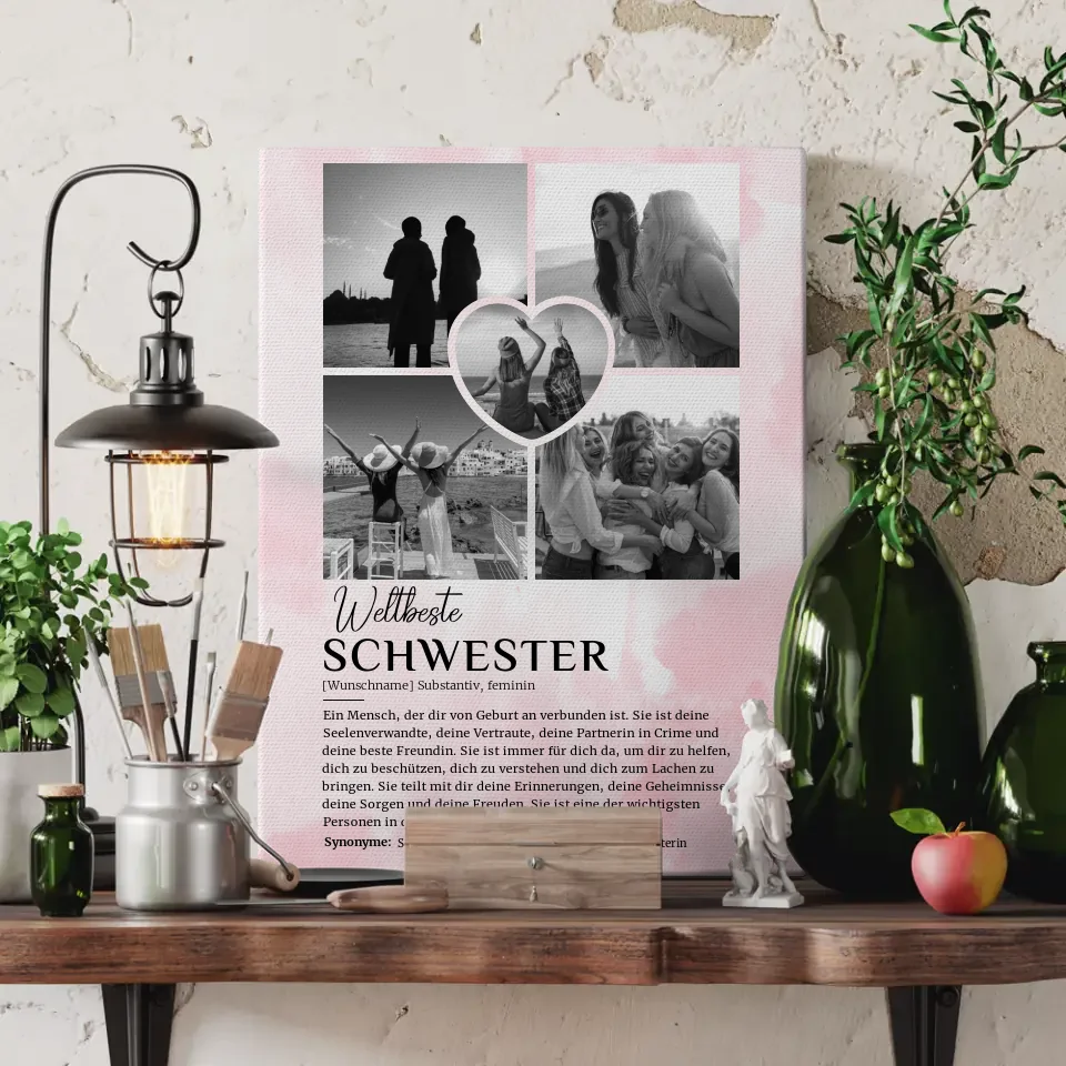 Personalisierte Leinwand Definition Schwester 5 Fotos Black & White Rosa Aquarell