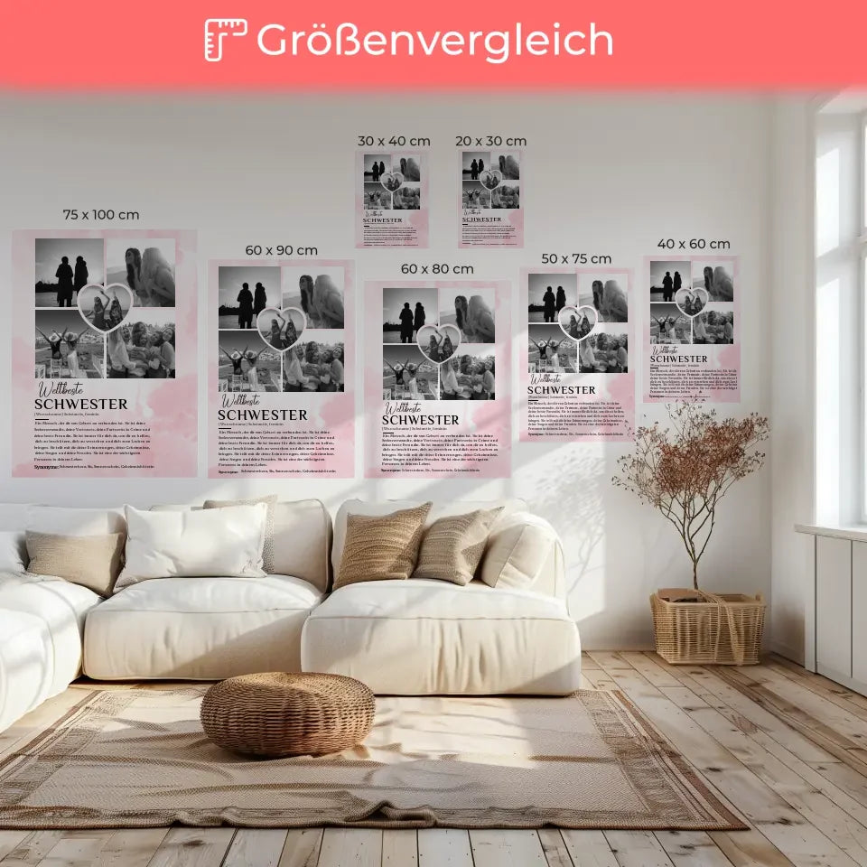 Personalisierte Leinwand Definition Schwester 5 Fotos Black & White Rosa Aquarell