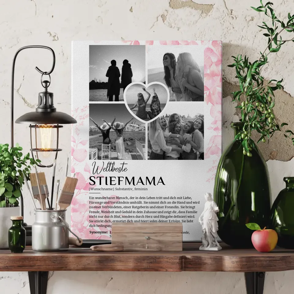 Personalisiertes Leinwand mit Definition Stiefmama 5 Fotos Black & White