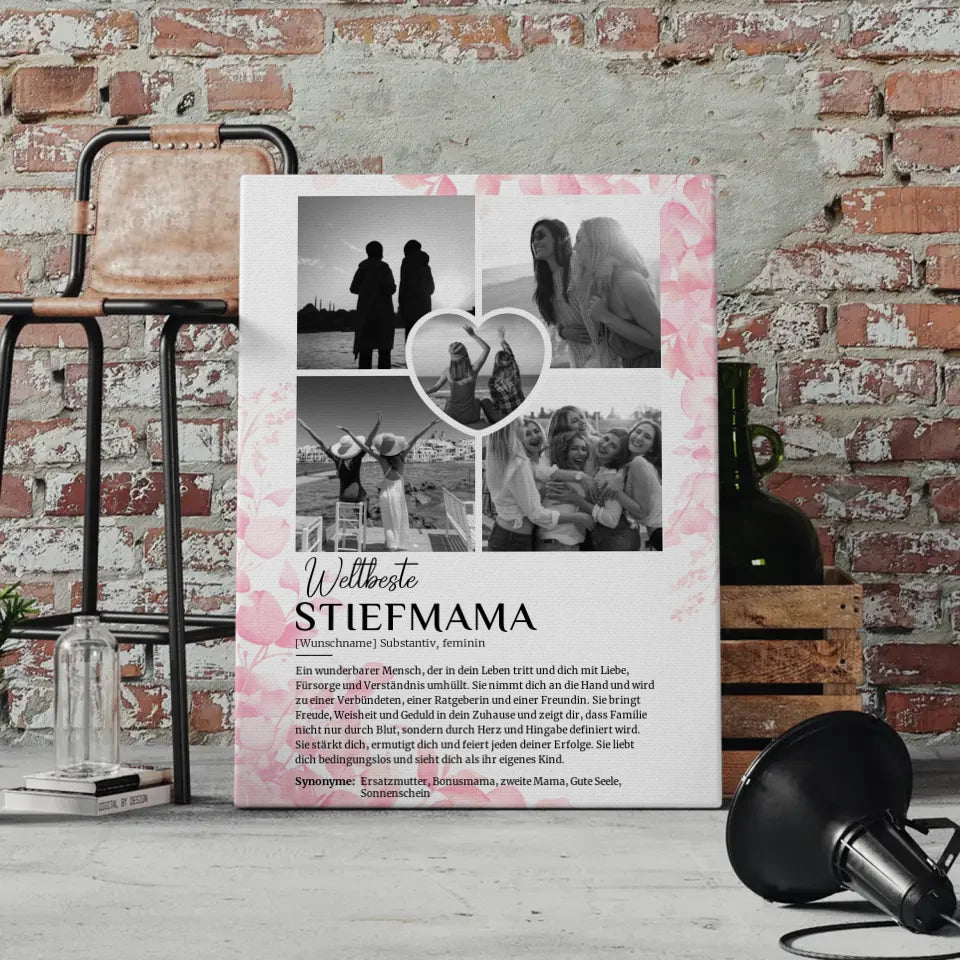 Personalisiertes Leinwand mit Definition Stiefmama 5 Fotos Black & White