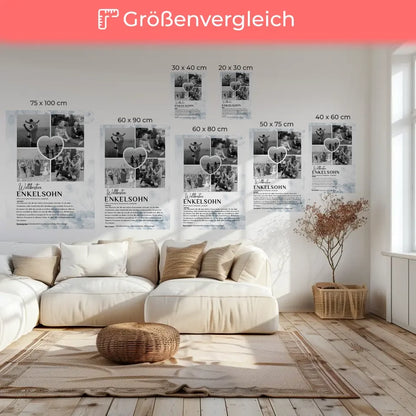 Personalisiertes Leinwandbild Enkelsohn 5 Fotos Black & White Floral Blau