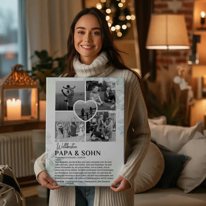 Personalisierte Leinwand Definition Papa Sohn 5 Fotos Schwarz Weiß