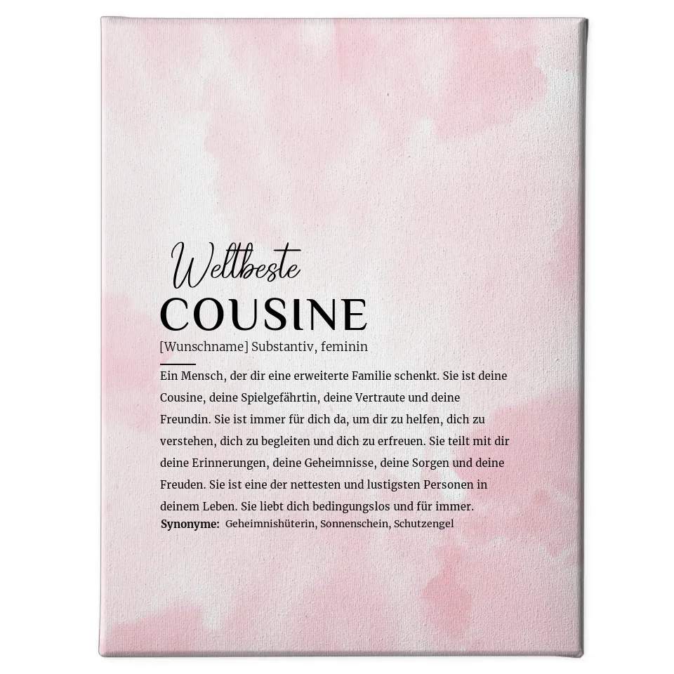 Personalisierte Leinwand Definition Cousine Rosa Aquarell mit Name