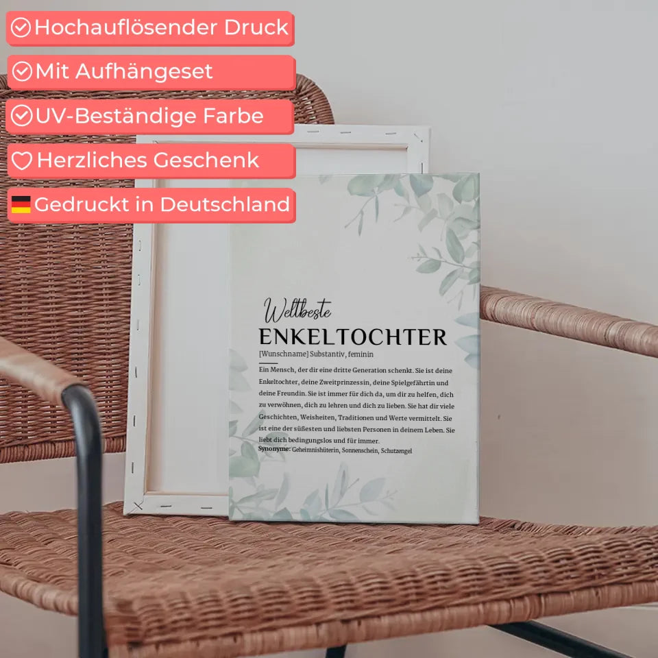 Personalisierten Leinwand mit Name Definition Enkeltochter Eukalyptus Stil