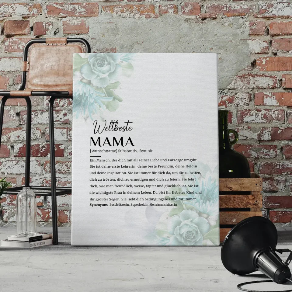 Personalisierte Leinwand Definition Mama Floral Blau mit Name