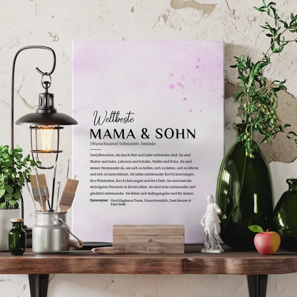 Personalisierte Leinwand Definition Mama und Sohn Lila mit Name