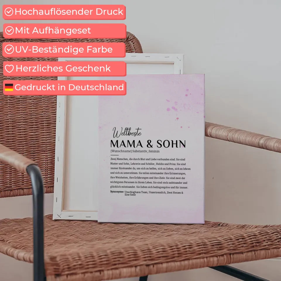 Personalisierte Leinwand Definition Mama und Sohn Lila mit Name