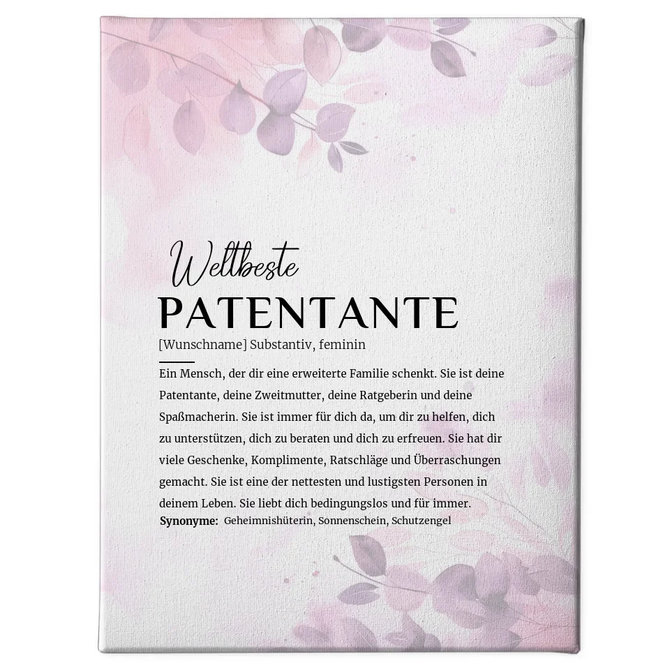 Personalisierte Leinwand Definition Patentante Pink Rosa Floral
