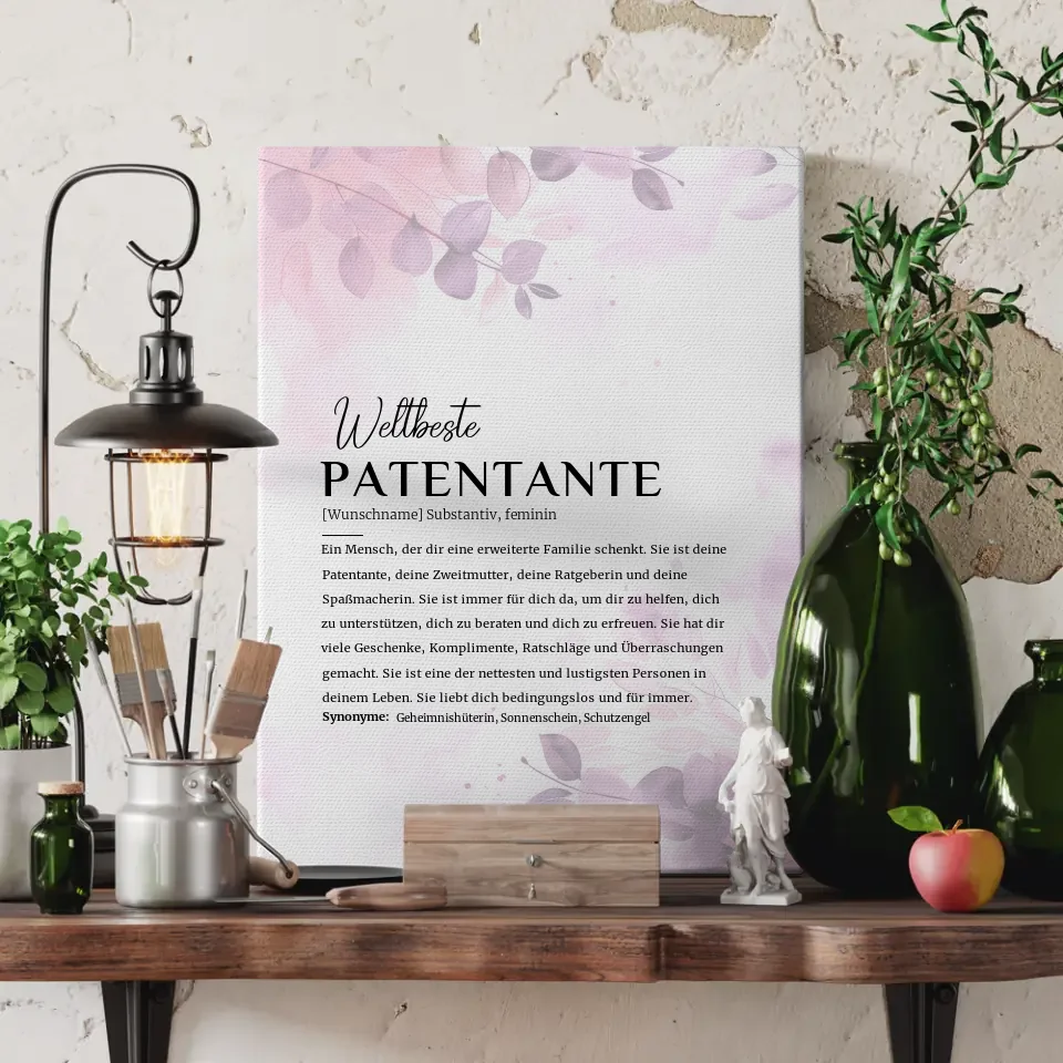 Personalisierte Leinwand Definition Patentante Pink Rosa Floral