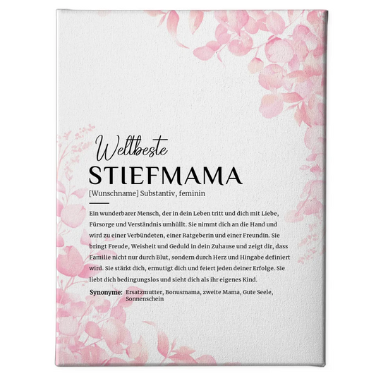 Personalisierte Leinwand Definition Stiefmama Rosa Floral mit Name