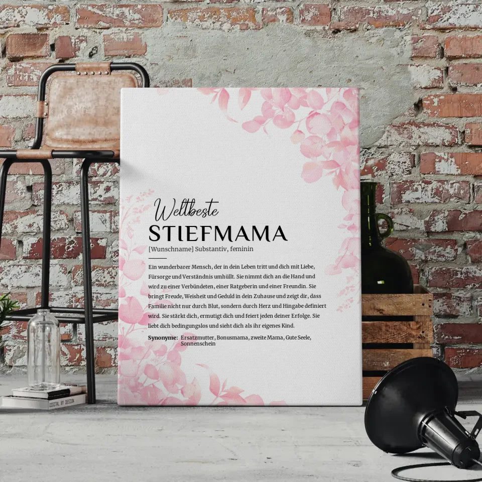 Personalisierte Leinwand Definition Stiefmama Rosa Floral mit Name 4