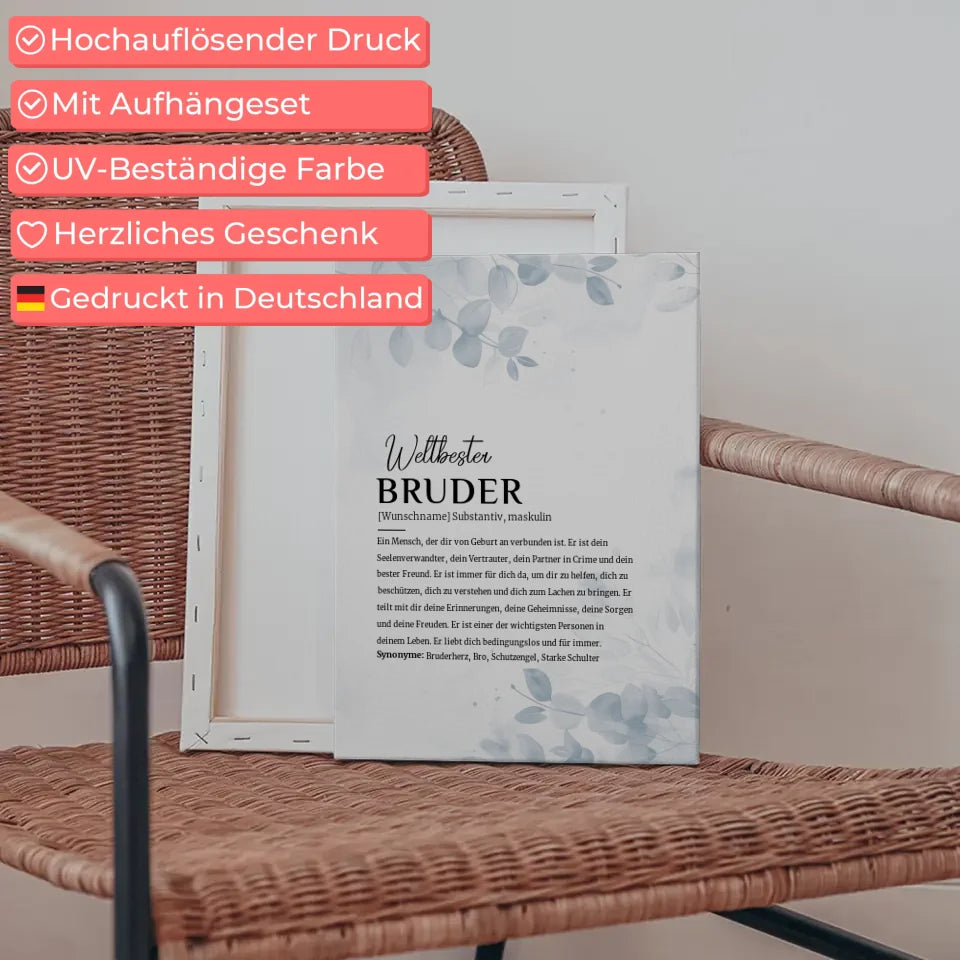 Personalisiertes Leinwand Poster Definition Bruder Holzstil Weiß