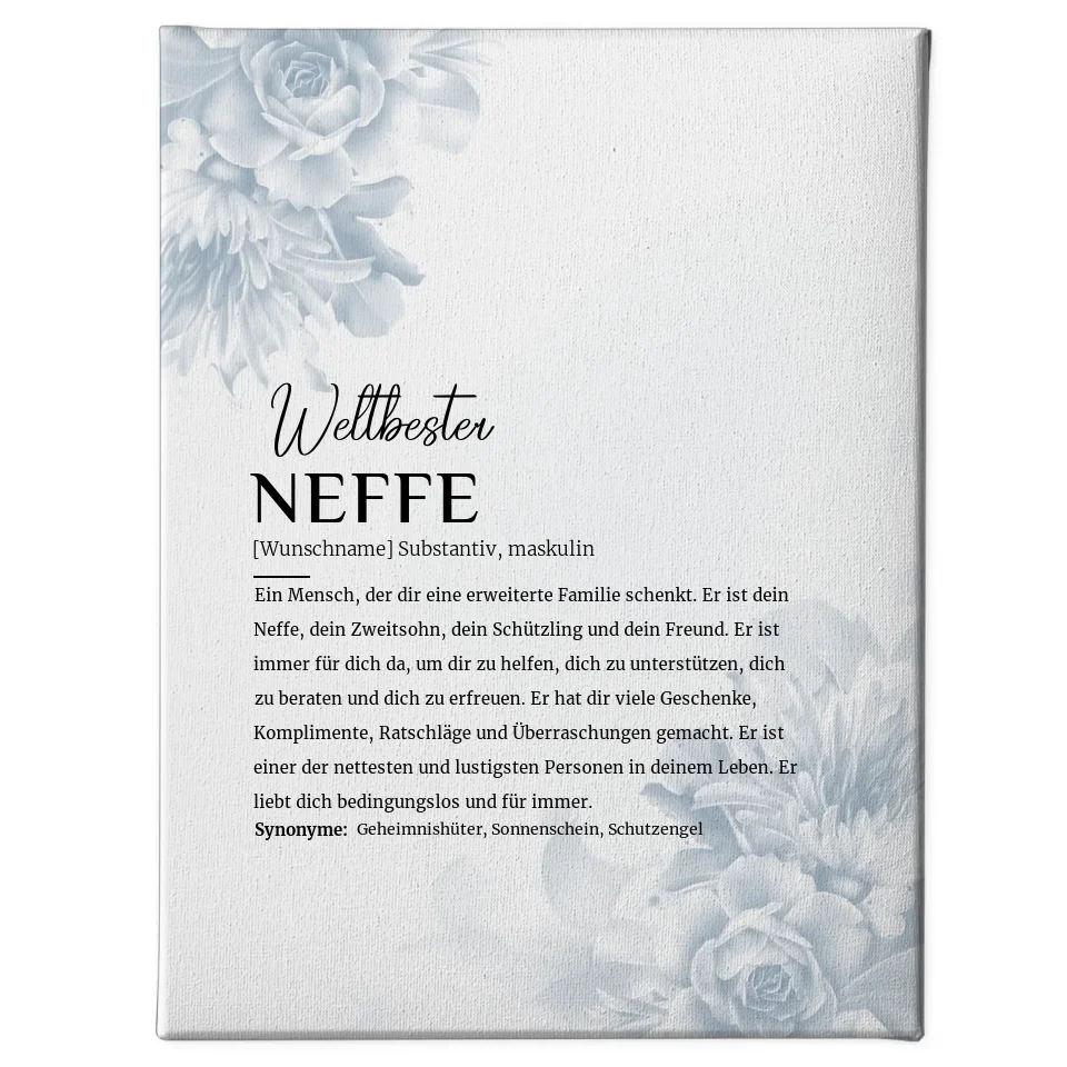 Personalisierte Leinwand Definition Neffe Eukalyptus Stil mit Name Blüten Blau