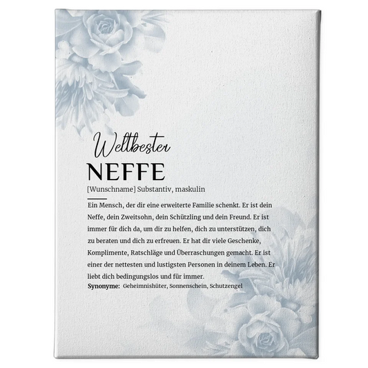 Personalisierte Leinwand Definition Neffe Eukalyptus Stil mit Name Blüten Blau