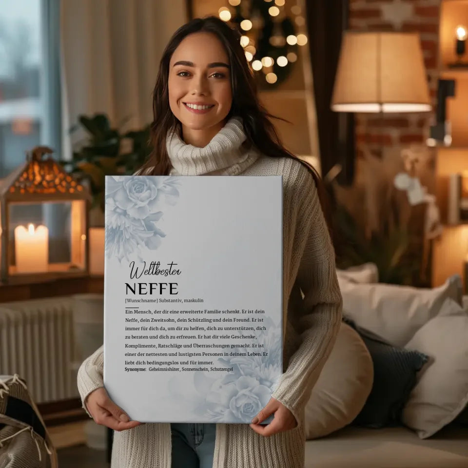 Personalisierte Leinwand Definition Neffe Eukalyptus Stil mit Name Blüten Blau