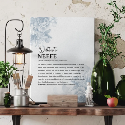 Personalisierte Leinwand Definition Neffe Eukalyptus Stil mit Name Blüten Blau