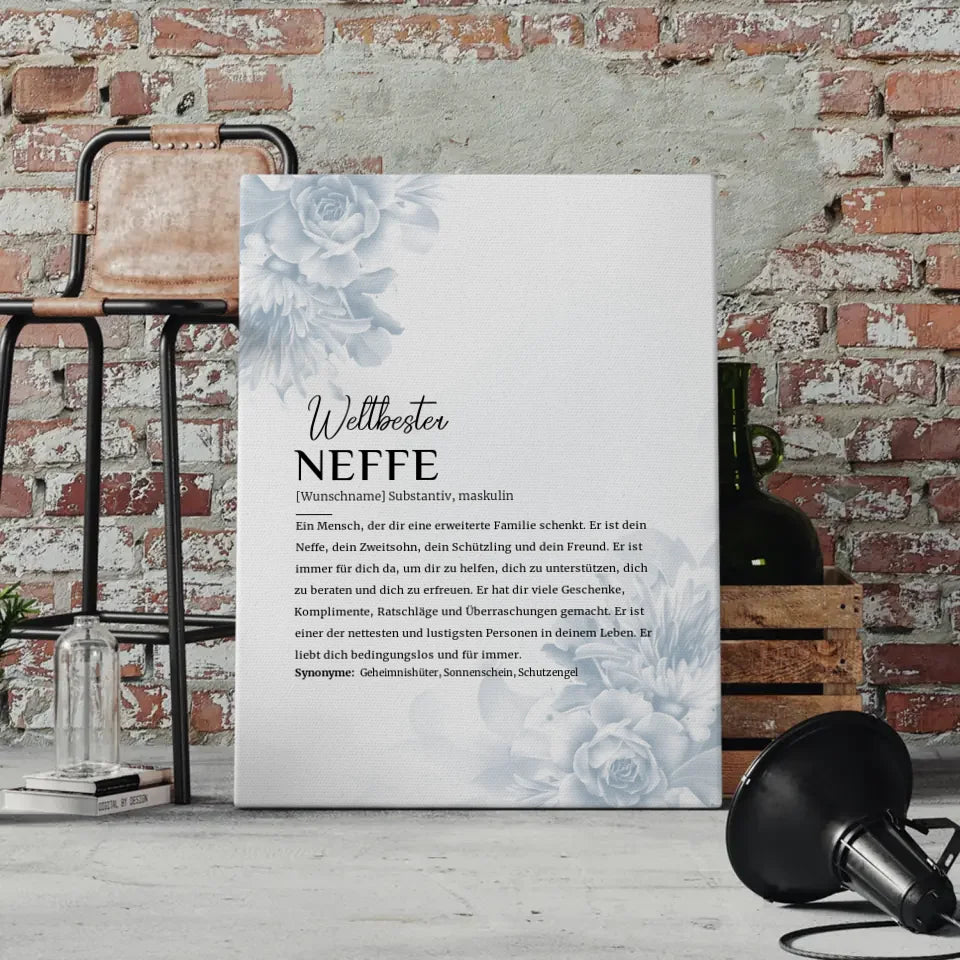 Personalisierte Leinwand Definition Neffe Eukalyptus Stil mit Name Blüten Blau