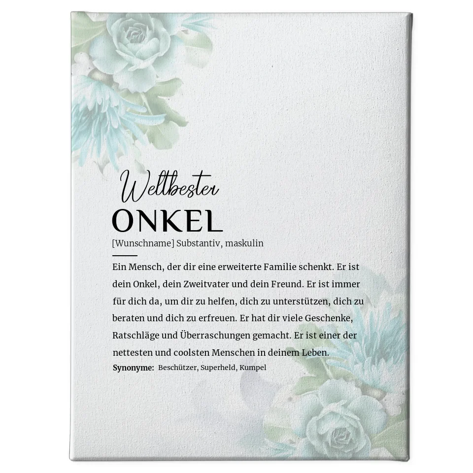 Personalisierte Leinwand Floral Blau Definition Onkel mit Name