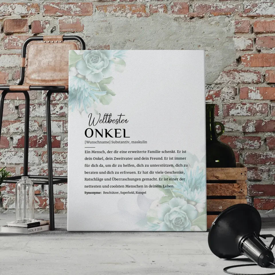 Personalisierte Leinwand Floral Blau Definition Onkel mit Name