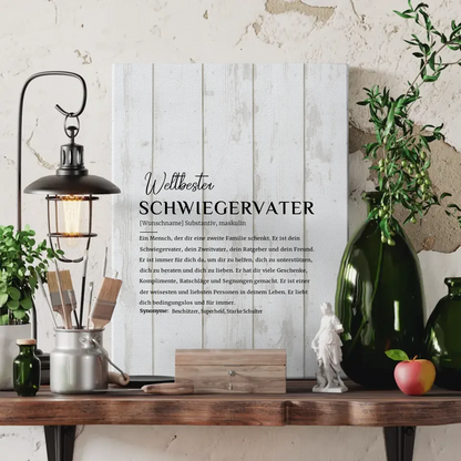 Personalisierte Leinwand Schwiegervater Holzstil Weiß mit Name