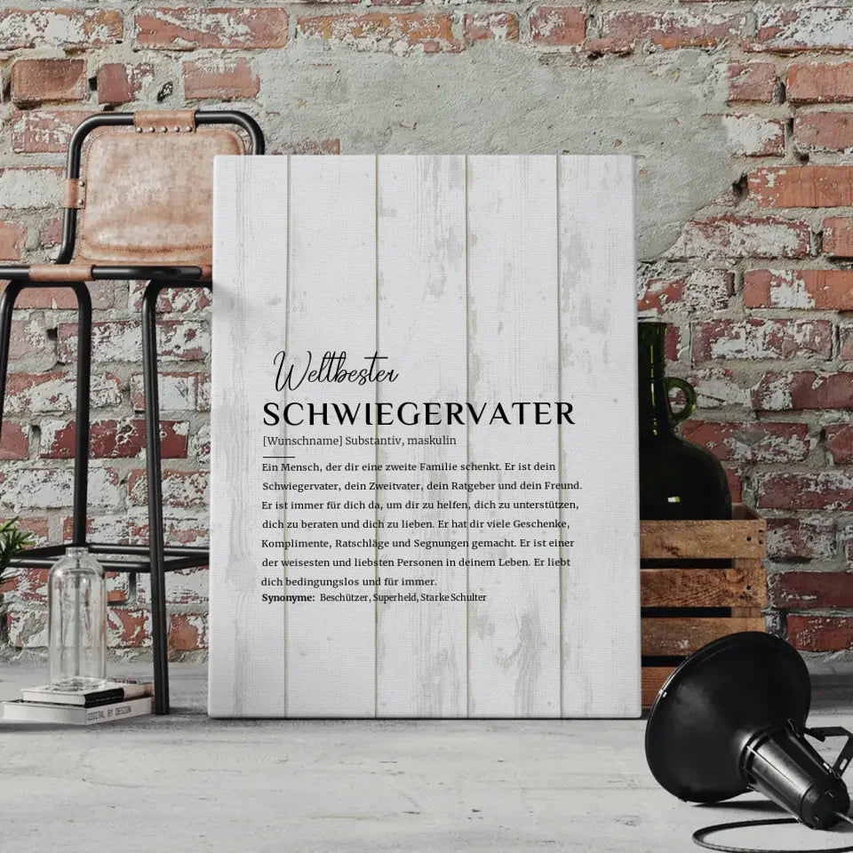 Personalisierte Leinwand Schwiegervater Holzstil Weiß mit Name