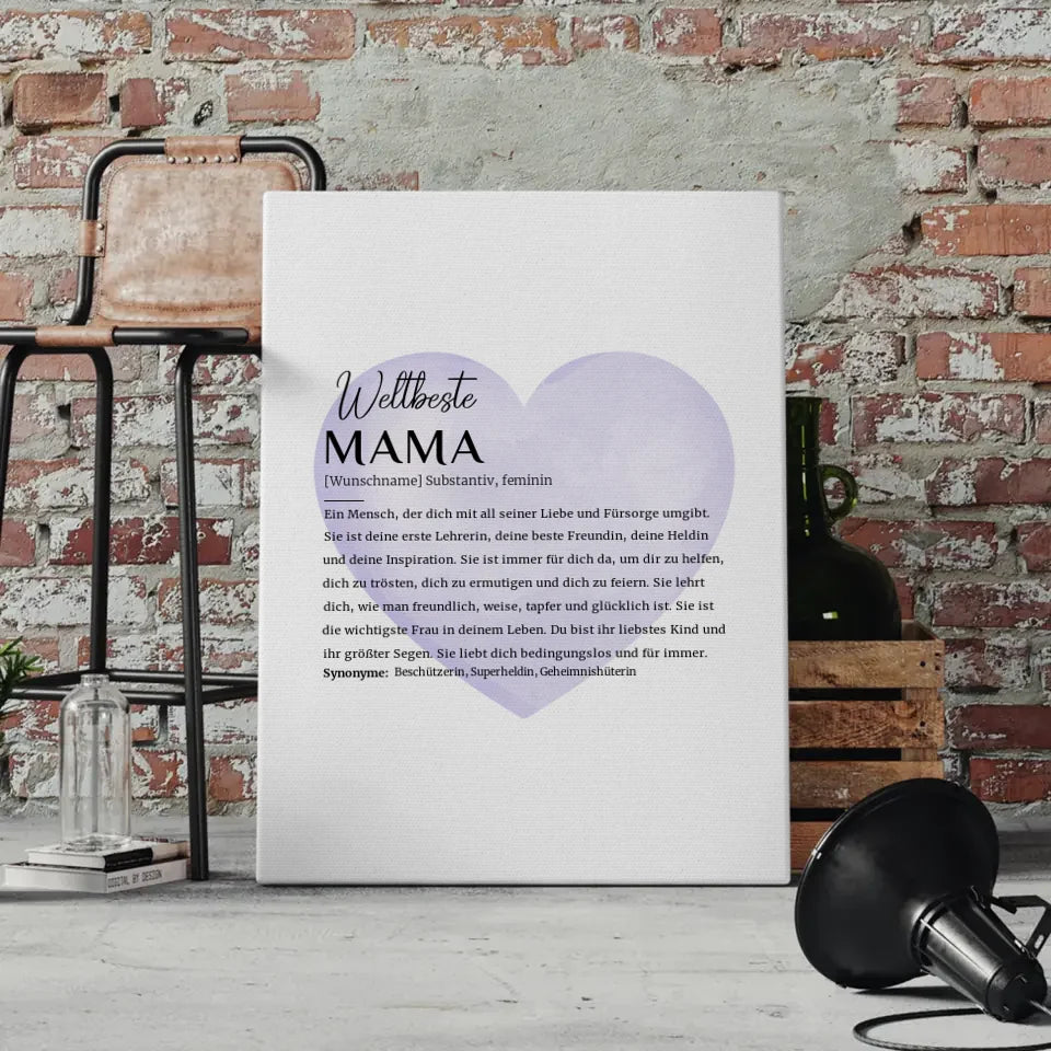 Personalisierte Leinwand Definition Mama mit Name Wasserfarben Herz Lila