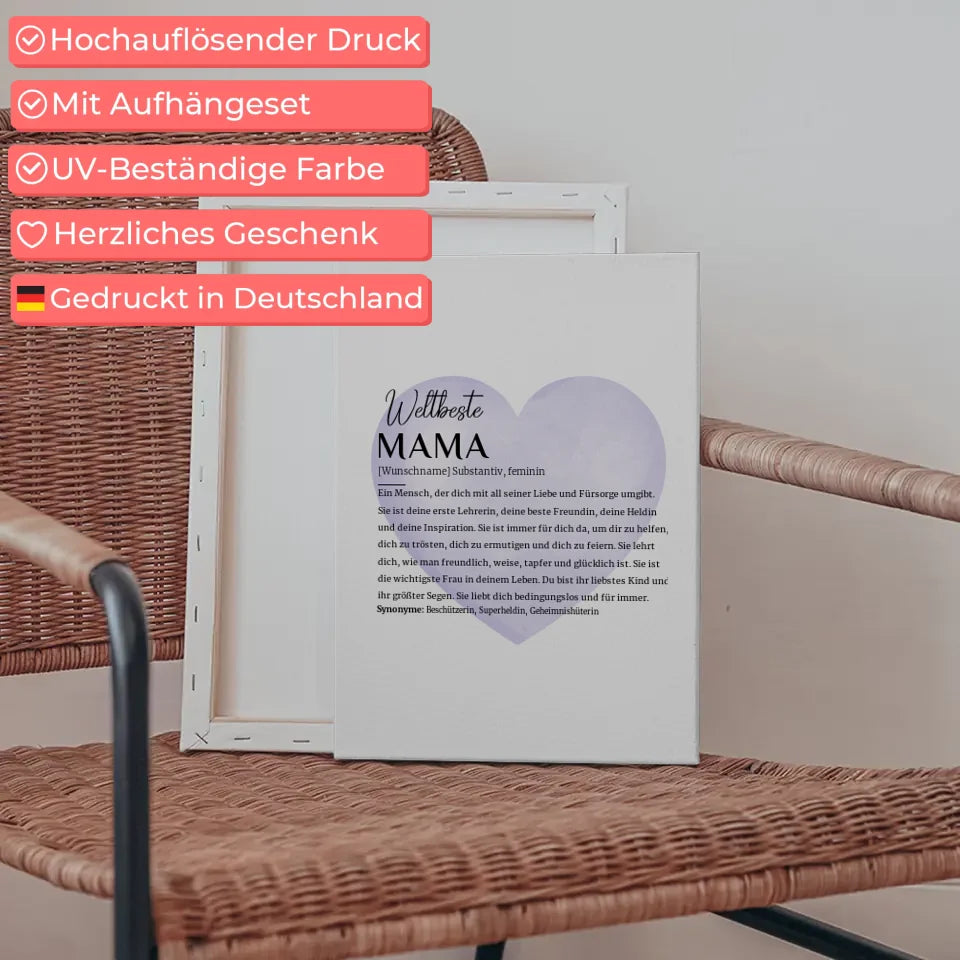 Personalisierte Leinwand Definition Mama mit Name Wasserfarben Herz Lila