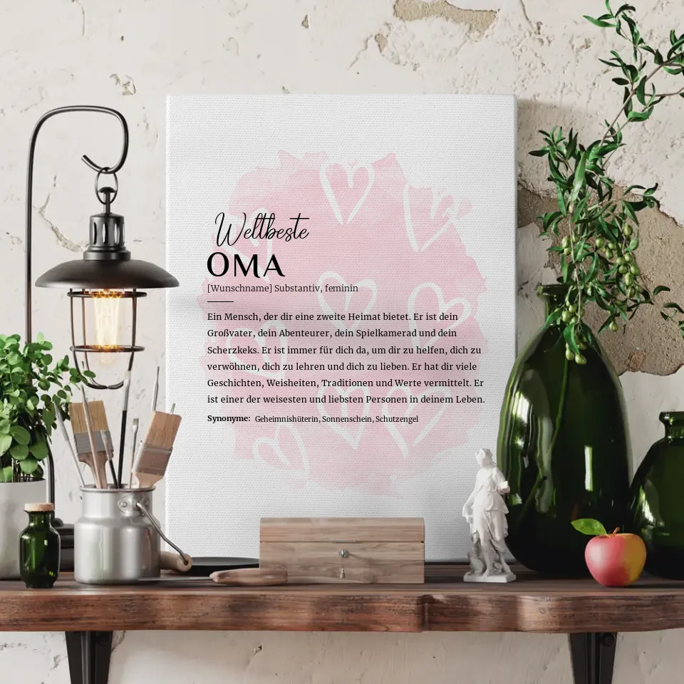 Personalisierte Leinwand Definition Oma mit Name Herzchen Rosa