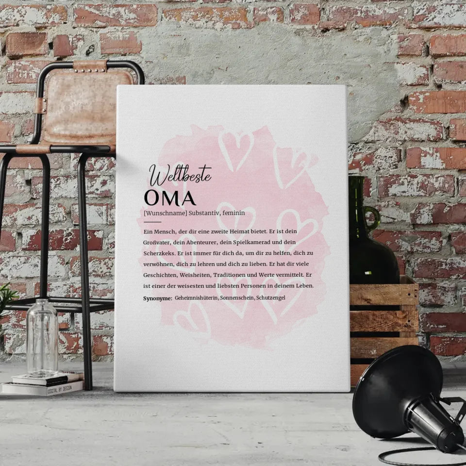 Personalisierte Leinwand Definition Oma mit Name Herzchen Rosa