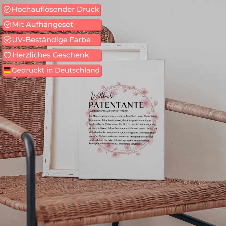 Personalisierte Leinwand Definition Patentante mit Name Blütenkranz