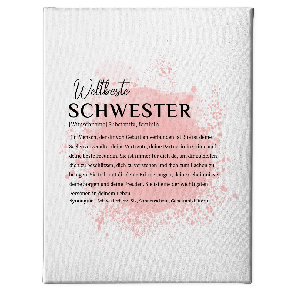 Personalisierte Leinwand Definition Schwester mit Name Farbspritzer Rosa