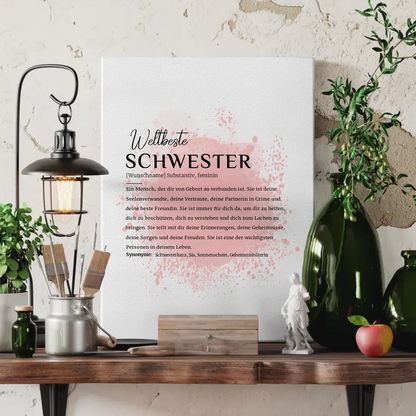 Personalisierte Leinwand Definition Schwester mit Name Farbspritzer Rosa