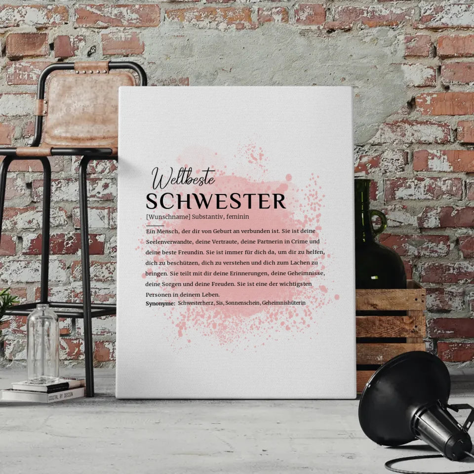 Personalisierte Leinwand Definition Schwester mit Name Farbspritzer Rosa