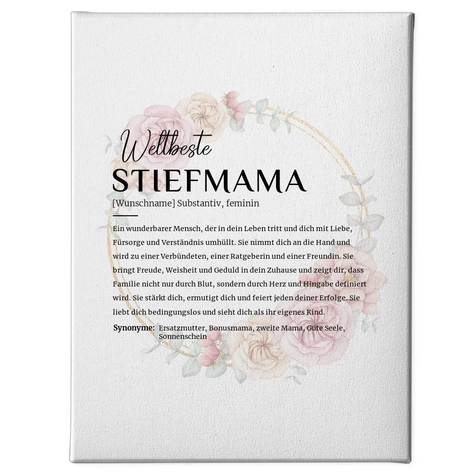 Personalisierte Leinwand Definition Stiefmama mit Name Floral Kreis