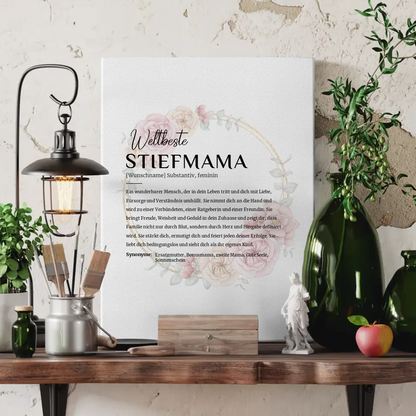 Personalisierte Leinwand Definition Stiefmama mit Name Floral Kreis